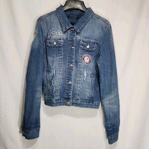 COOGI Womens‎ Jean Jacket Size Large Vintage Embroidered Patch Distressed